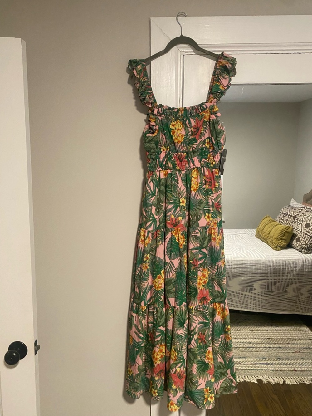 Maison Tara Pink Maxi Dress with Green Leaf & Yellow Floral Print